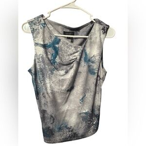 Donna Karan White and Gray Graphic Ruched Tank Top